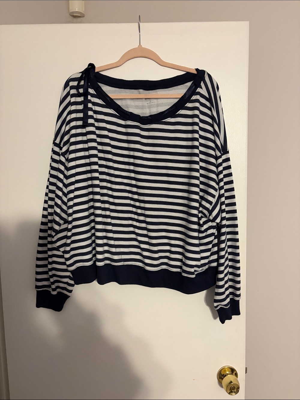 Hollister Navy and White Striped Boatneck Sweatshirt